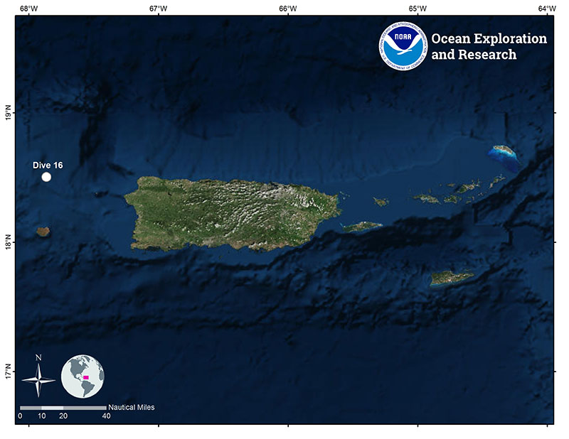 Mapa que muestra la ubicación de la inmersión de ROV número 16 de la expedición Océano Profundo 2018.