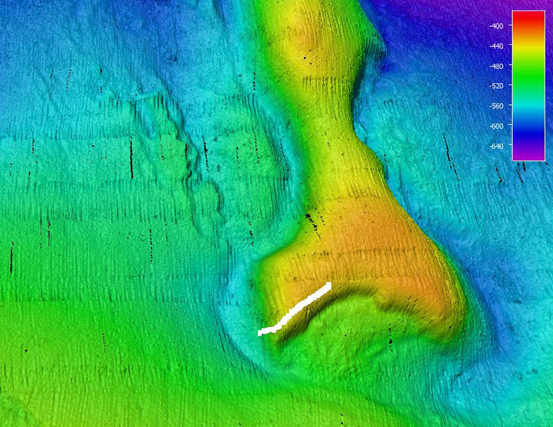 The remotely operated vehicle track for Dive 16, shown as a white line. Scale is water depth in meters.