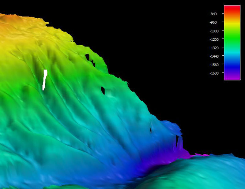 The remotely operated vehicle track for Dive 17, shown as a white line. Scale is water depth in meters.