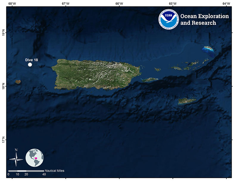 Mapa que muestra la ubicación de la inmersión de ROV número 18 de la expedición Océano Profundo 2018.