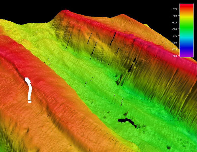 The remotely operated vehicle track for Dive 18, shown as a white line. Scale is water depth in meters.