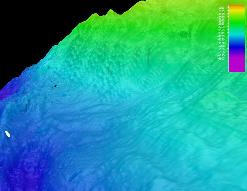 Mapa que muestra el recorrido del ROV por el fondo marino durante el buceo 19 de la expedición Océano Profundo 2018. La escala muestra la profundidad en metros.