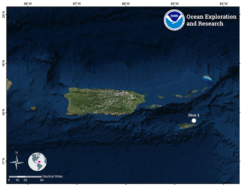 Mapa que muestra la ubicación de la tercera inmersión de ROV localizada en el Monumento Nacional Arrecifes de la Isla Buck.