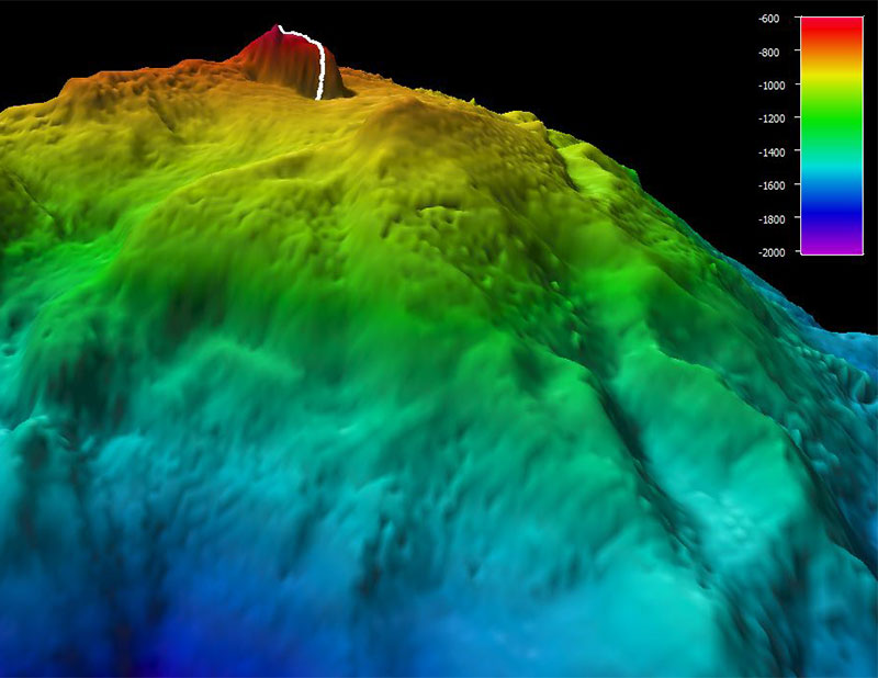 The remotely operated vehicle track for Dive 6, shown as a white line. Scale is water depth in meters.