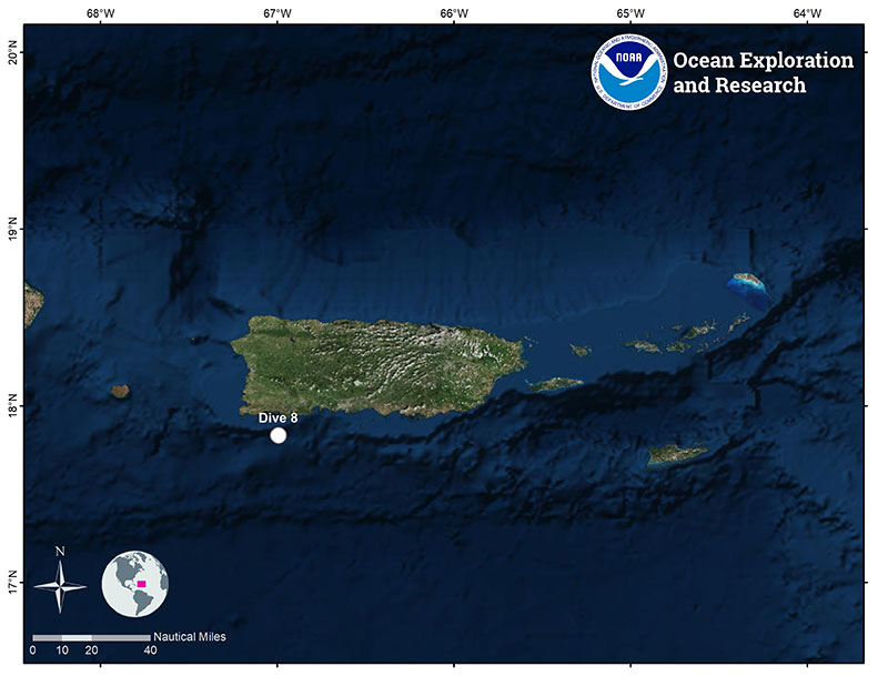 Mapa que muestra la ubicación de la octava inmersión de ROV de la expedición Océano Profundo 2018.