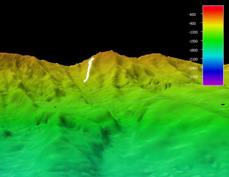 Mapa que muestra el recorrido del ROV por el fondo marino durante el buceo 8 de la expedición Océano Profundo 2018. La escala muestra la profundidad en metros.