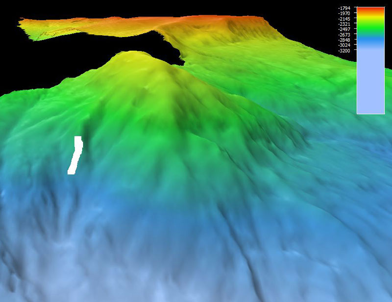 The remotely operated vehicle track for Dive 9, shown as a white line. Scale is water depth in meters.