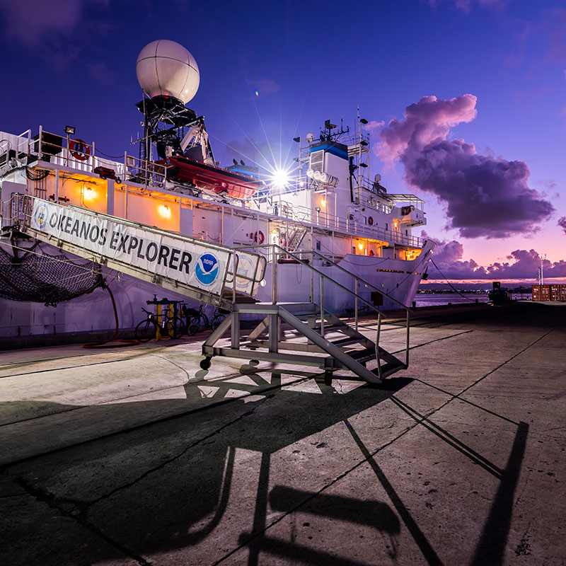 NOAA Ship Okeanos Explorer in port in San Juan, Puerto Rico, prior to the start of the expedition. IImage courtesy of Art Howard, GFOE, Exploring Deep-sea Habitats off Puerto Rico and the U.S. Virgin Islands.