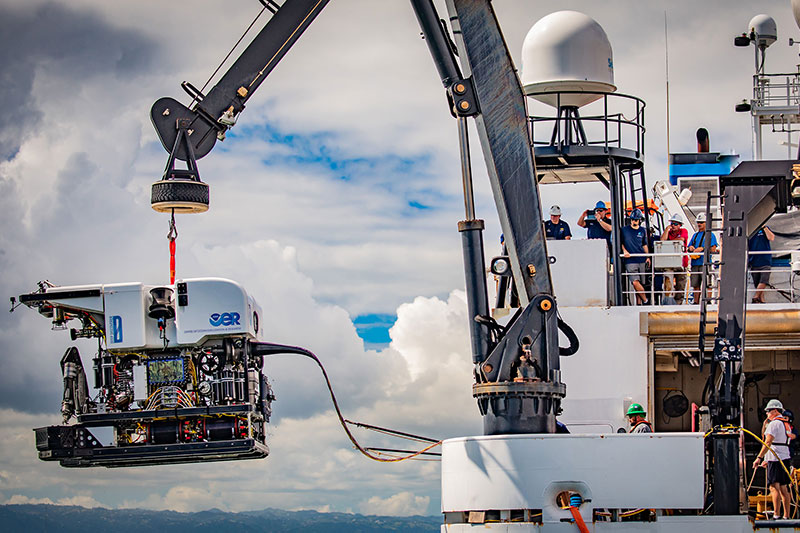 ROV Deep Discoverer being launched off the back deck of NOAA Ship Okeanos Explorer. Image courtesy of Art Howard, GFOE, Exploring Deep-sea Habitats off Puerto Rico and the U.S. Virgin Islands.