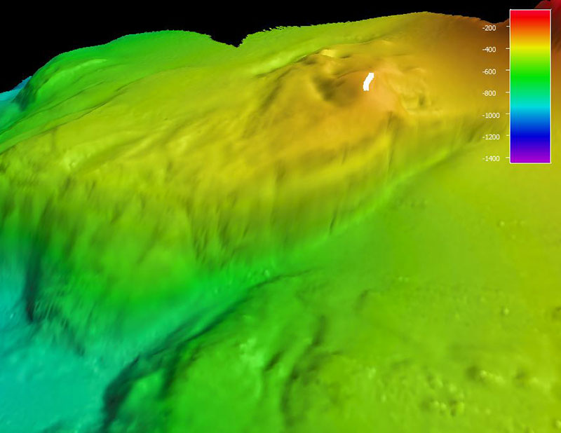 The remotely operated vehicle track for Dive 1, shown as a white line. Scale is water depth in meters.