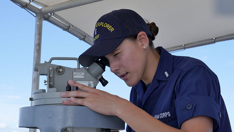 Junior Officer, Lieutenant (Junior Grade) Brianna Pacheco first heard about NOAA Corps while she was serving in the United States Coast Guard. After serving on her first ship, she decided pretty quickly that an adventurous life at sea is the right career fit for her! NOAA Corps combines her love for the sea, science, and service. Image courtesy of NOAA Ocean Exploration, Exploring Deep-sea Habitats off Puerto Rico and the U.S. Virgin Islands.