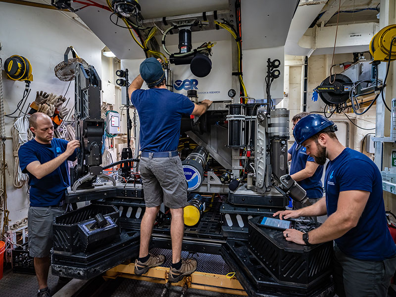 The ROV engineer team completes some maintenance on D2 before its next dive.