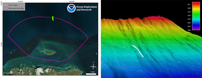 Maps showing the track of Dive 3 of the Océano Profundo 2018 expedition, during which we explored the deepest portion of the Buck Island Reef National Monument.