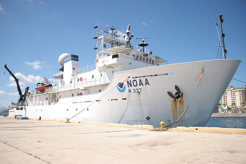 NOAA Ship Okeanos Explorer tied up to the pier in San Juan, Puerto Rico.