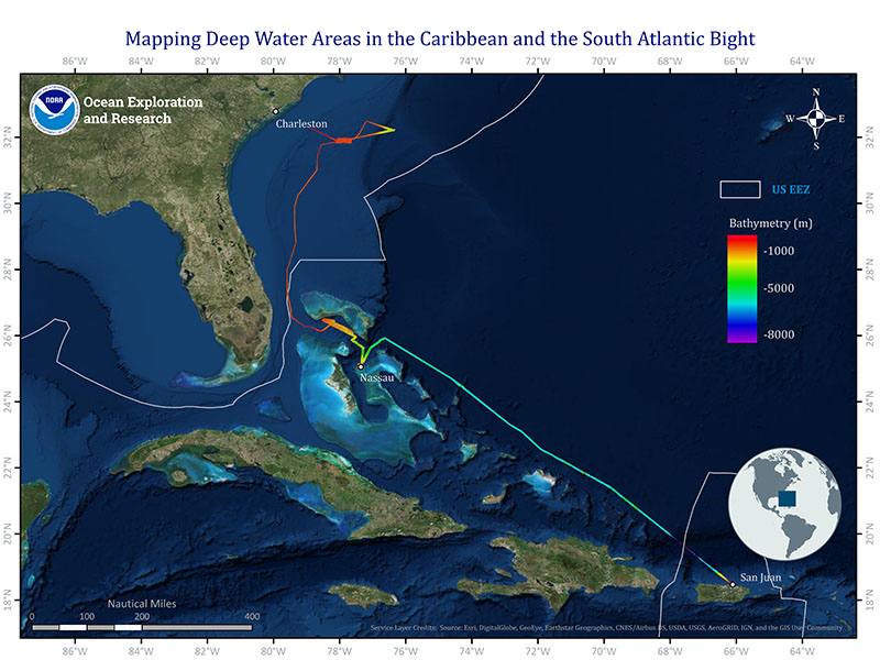 Overview map showing the locations of mapping operations completed during the Mapping Deepwater Areas in the Caribbean and South Atlantic Bight expedition.