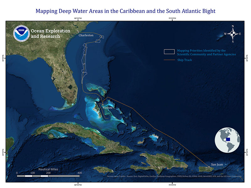 Map showing the planned route of NOAA Ship Okeanos Explorer, shown in yellow, and the planned operations area for the expedition, outlined in white.