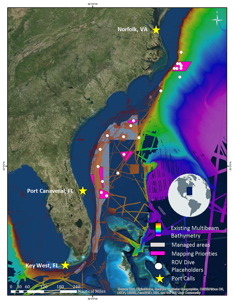 Map of the Windows to the Deep 2019 expedition which will focus operations offshore the Southeast US. Shown here, the pink polygons represent mapping priorities, and white dots represent planned ROV dive locations.