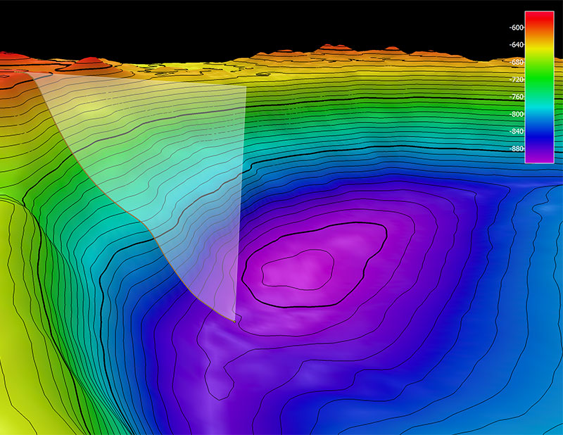 The remotely operated vehicle track for Dive 10, shown as an orange line with a white curtain. Scale is water depth in meters.