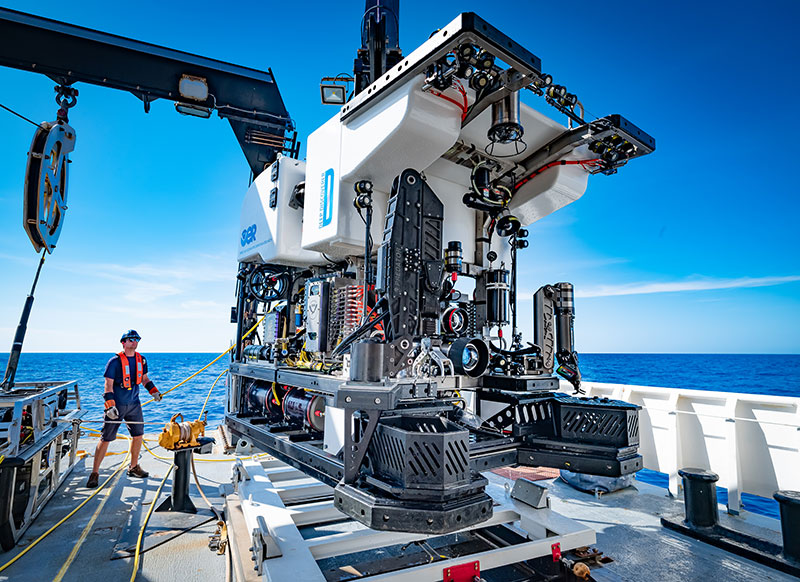 The remotely operated vehicle, Deep Discoverer, being recovered after completing 19 dives during the Windows to the Deep 2019 expedition.