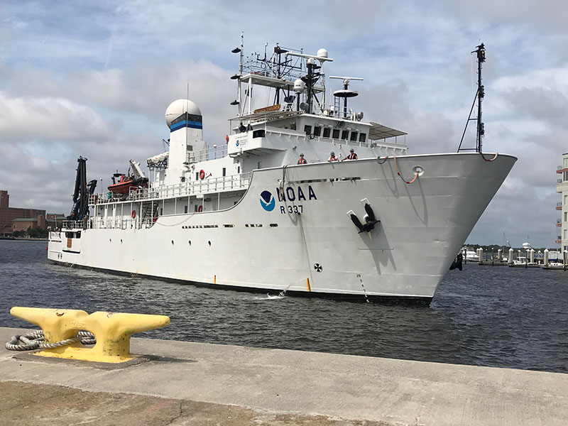 NOAA Ship Okeanos Explorer arriving into Norfolk, Virginia, on July 12, 2019, after completing its 100th ocean exploration mission.
