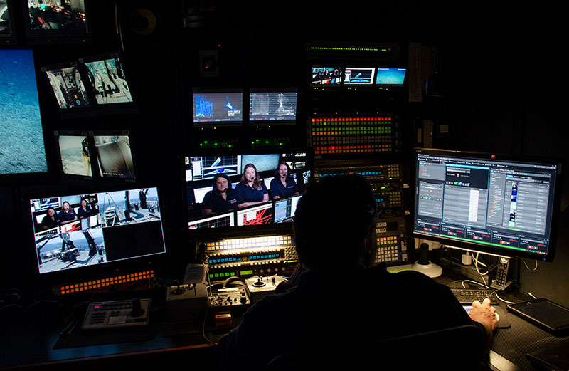 Mission control oversees the technical side of livestreaming an educational interaction between the expedition coordinator and lead scientists of the Windows to the Deep 2019 expedition and summer campers at the Santa Barbara Museum of Natural History.