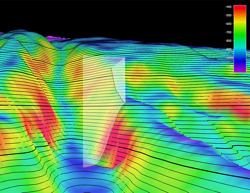 The remotely operated vehicle track for Dive 13, shown as an orange line with a white curtain. Scale is water depth in meters.