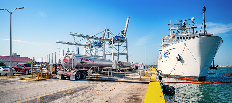 NOAA Ship Okeanos Explorer completing the fueling operations at Port Canaveral, Florida in preparation for Windows to the Deep 2019 expedition.