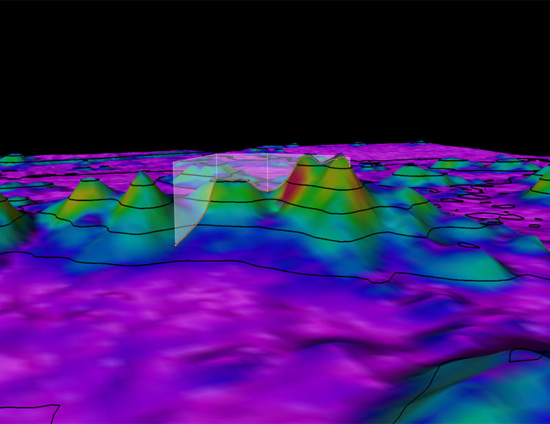 The remotely operated vehicle track for Dive 02, shown as an orange line with a white curtain. Scale is water depth in meters.