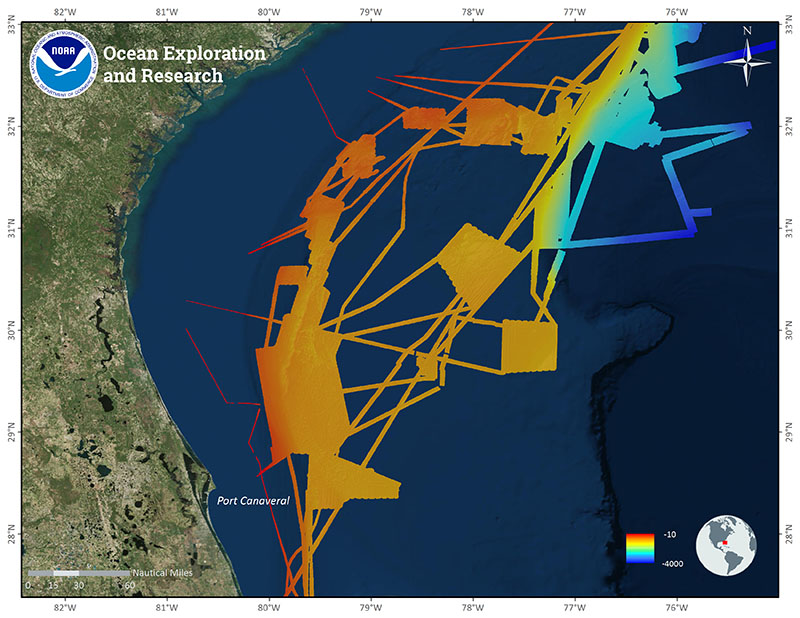 Image of all of NOAA Ship <em>Okeanos Explorer</em> mapping data collected in the Blake Plateau and Ridge region by OER since 2010 and prior to the current expedition.
