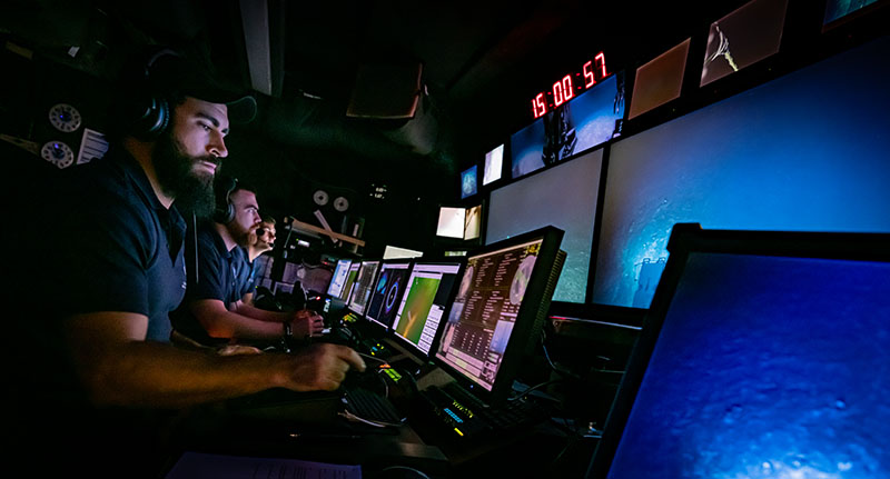 Remotely operated vehicle pilots leading a dive earlier this week during the Windows to the Deep 2019 expedition.