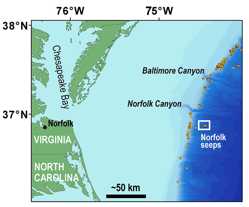 Location of Norfolk seeps offshore Virginia and south of Norfolk Canyon.