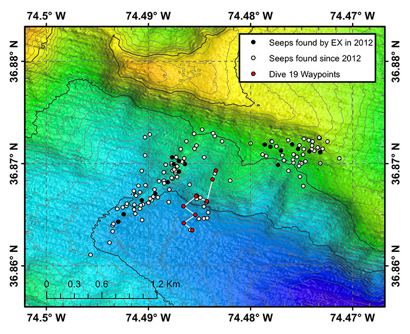 Map of Dive 19 waypoints (red points) and track (white line). Black points indicate seep locations identified with Okeanos Explorer multibeam sonar water column backscatter data collected in 2012 and published in Skarke et al. (2014). White points indicate seep locations identified by researchers at Mississippi State University with Okeanos Explorer multibeam sonar water column imaging data collected since 2012. The bathymetric data were collected with the Okeanos Explorer’s multibeam sonar and are contoured at 10 meter (~33 ft) intervals.