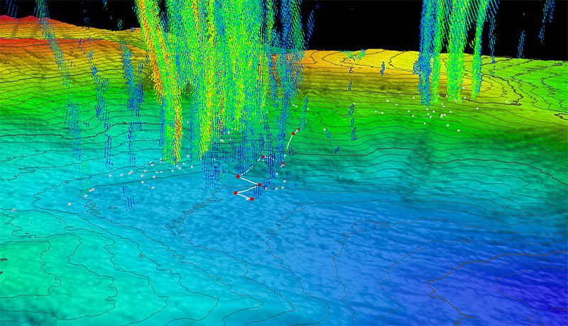 Three-dimensional perspective of D2 Dive 19 track (white lines) and waypoints (red points) with superposed water column bubble plumes imaged by NOAA Ship Okeanos Explorer mapping team (multi-colored point clouds). Methane bubble plumes at Norfolk Seeps have been imaged rising over 900 meters (2,950 feet) above the seafloor in some surveys. Bathymetric data were collected with the Okeanos Explorer multibeam sonar and are contoured at 10 meter (about 3 feet) intervals. The locations of previously identified seeps are indicated with white points. All data shown at two times vertical exaggeration.