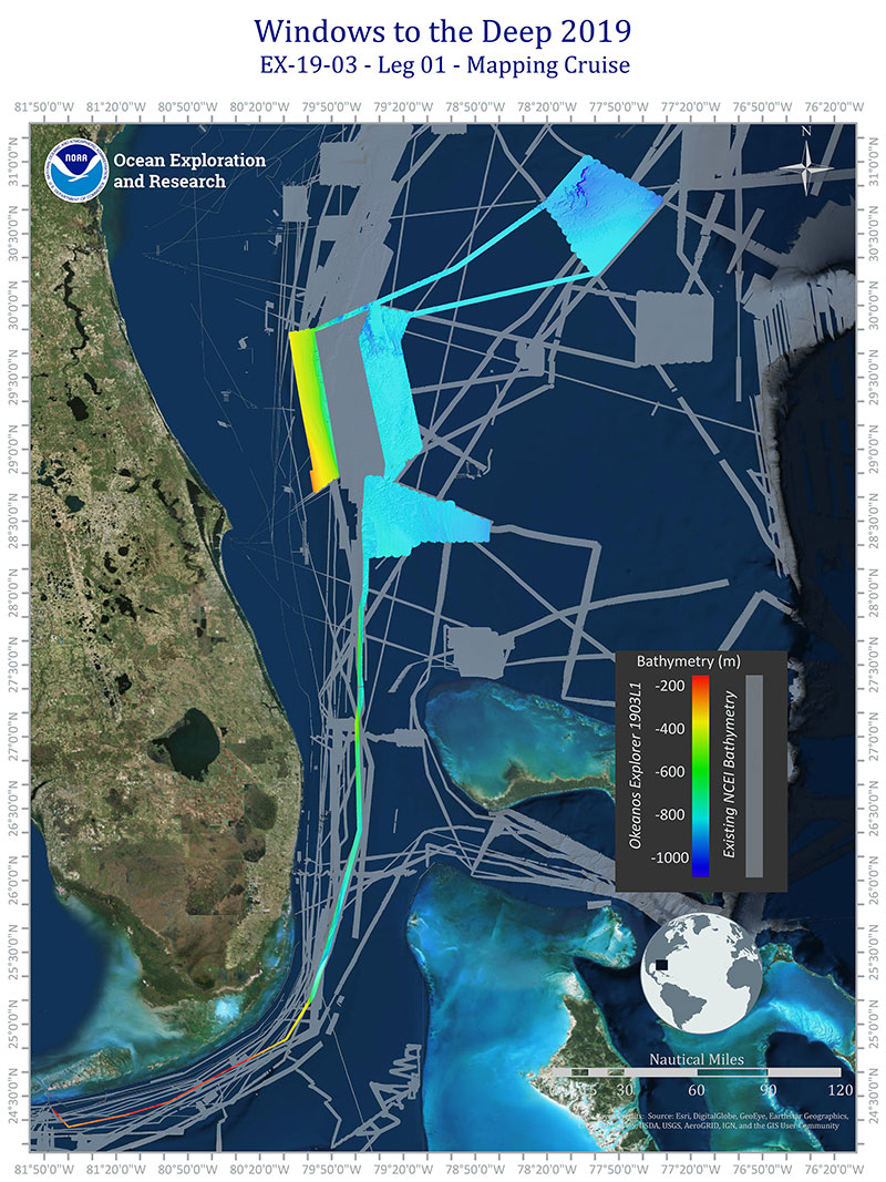 Areas mapped during Leg 1 of the Windows to the Deep 2019 expedition off the southeastern United States. The rainbow colored areas are the new areas mapped during Leg 1 of the expedition, and the grey areas represent existing seafloor mapping data from the NOAA National Centers for Environmental Information.
