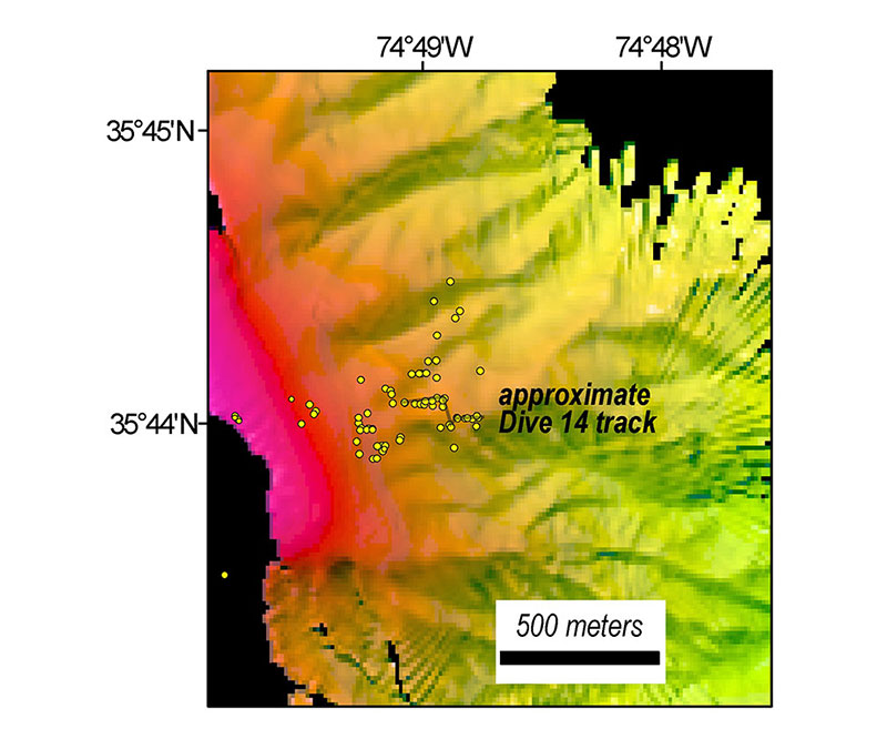 New bathymetric data acquired by NOAA Ship Okeanos Explorer with the location of methane seeps identified since 2012 shown as yellow circles.  The dive track covered about 55 meters (180 feet) along the ridgeline.  Pink shading at the left side of the map is approximately 150-180 meters (490-590 feet) water depth.