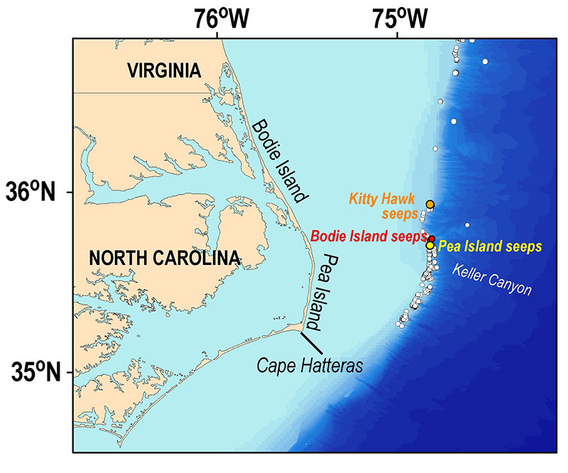 Location of Bodie Island seeps offshore Cape Hatteras, North Carolina, shown relative to the Pea Island and Kitty Hawk seep fields which were explored in April 2019 as part of the DEEPSEARCH expedition. 