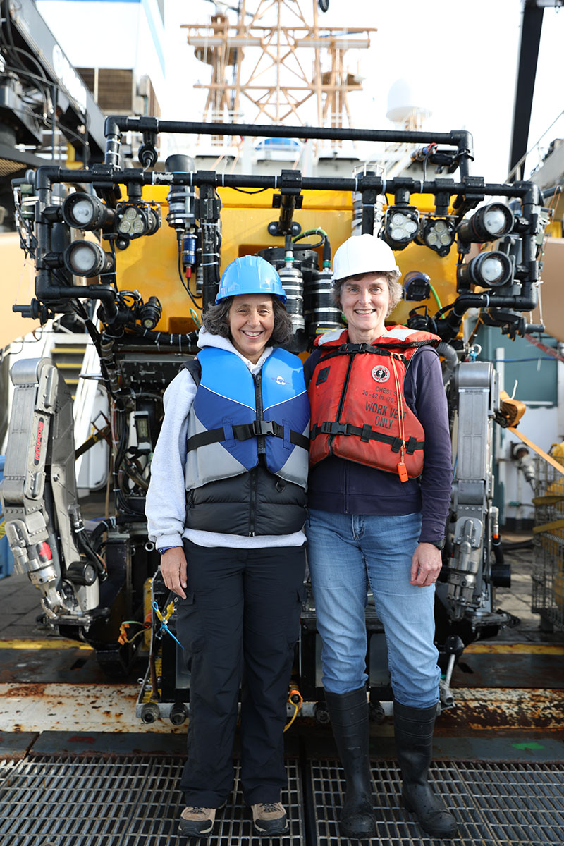 Dr. Martha Nizinski (right) and Dr. Anna Metaxas shared chief scientist duties during the previous transboundary cruises. Here, each attends to samples collected by the Canadian remotely operated vehicle ROPOS. These samples serve as taxonomic vouchers that further our understanding of the composition, distribution, and larval transport of species among canyons.