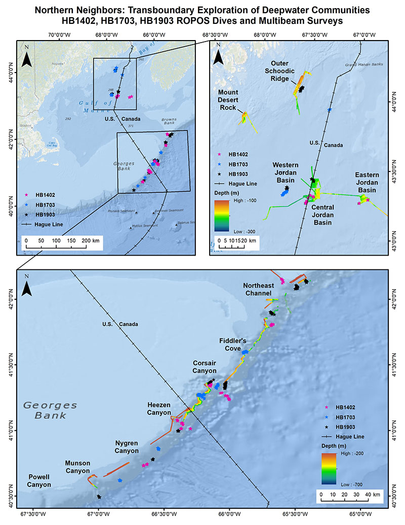 This map shows the cruise track from last year’s transboundary cruise entitled ‘Northern Neighbors’ (website). Deep Connections 2019 will build on our earlier findings obtained during the 2014 and 2017 expeditions by filling in data gaps through expansion of the areas surveyed and by exploring poorly-known canyons on both sides of the U.S.-Canada border.