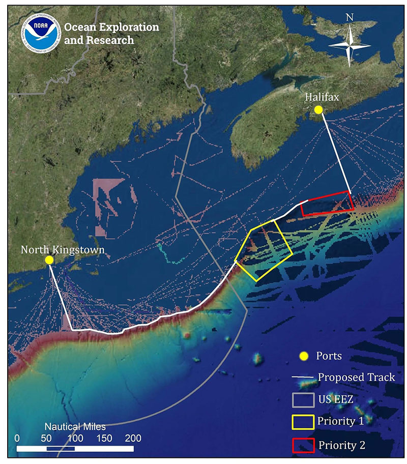 Map showing the priority areas for and mapping operations to be conducted during the Deep Connections 2019 expedition, overlaid onto existing mapping data in the region. This expedition will explore poorly understood deepwater areas of the U.S. and Canadian Atlantic Continental Margin to address science and management priorities of the region.