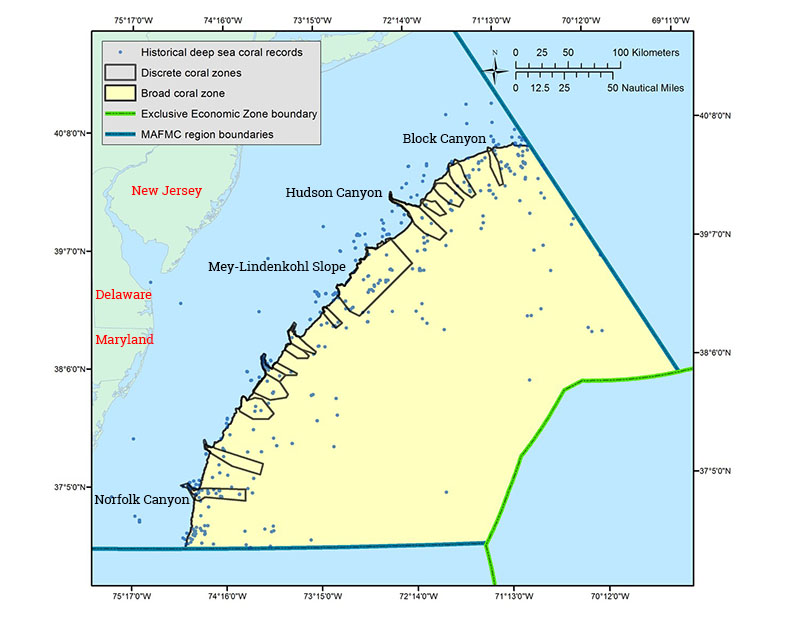 The Frank R. Lautenberg Deep-sea Coral Protection Area in the mid-Atlantic. ‘Discrete’ zones protect defined areas of canyons and canyon complexes based on known coral distributions or outputs of predictive models that rank the likely presence of suitable coral habitats. The ‘broad’ zone protects a large area of deepwater habitats extending from approximately 450 meter depth on the slope out to the 200 mile U.S. boundary limit (E.E.Z.). The objective is to protect corals by limiting future expansion of bottom fishing in an area that is largely outside the footprint of current fishing activity.