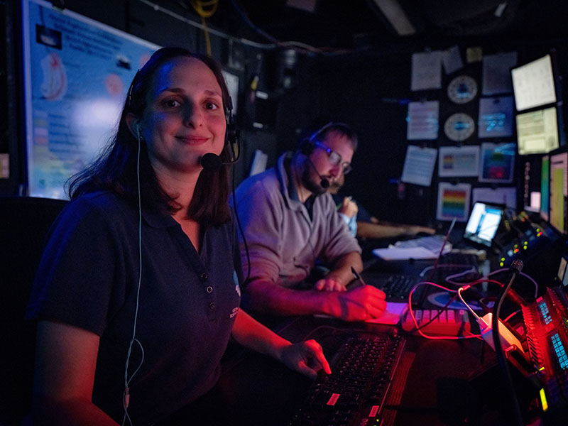 The author, Global Foundation for Ocean Exploration Video Editor Emily Narrow, in the video chair aboard NOAA Ship Okeanos Explorer.