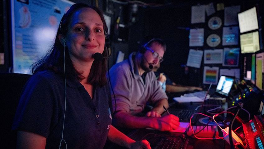 The author, Global Foundation for Ocean Exploration Video Editor Emily Narrow, in the video chair aboard NOAA Ship Okeanos Explorer.