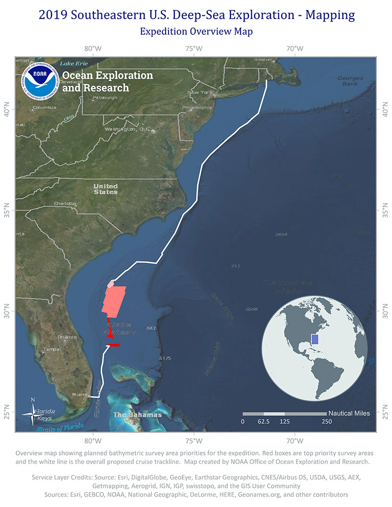 Cruise map showing the planned operations area for the mapping leg of the 2019 Southeastern US Deep-Sea Exploration. The white line indicates the approximate trackline the ship will follow on transits, and the red shaded boxes represent high priority areas to complete exploratory ocean mapping work. 