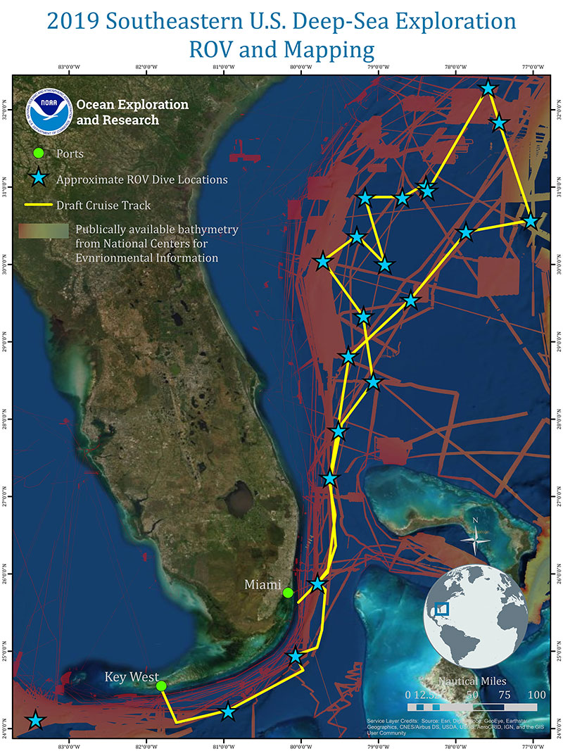 2019 Southeast U.S. Deep-Sea Exploration ROV and Mapping overview map. ROV dive locations will be finalized with input from the community. Overnight mapping operations will add additional mapping data in areas that are poorly mapped. 