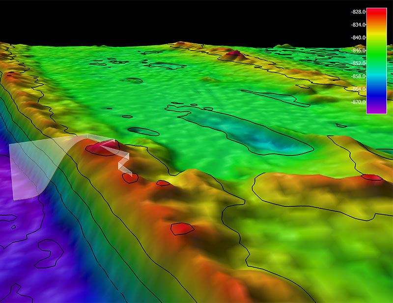 The remotely operated vehicle track for Dive 01 of the 2019 Southeastern U.S. Deep-sea Exploration, shown as an orange line with a white curtain. Scale is water depth in meters. 