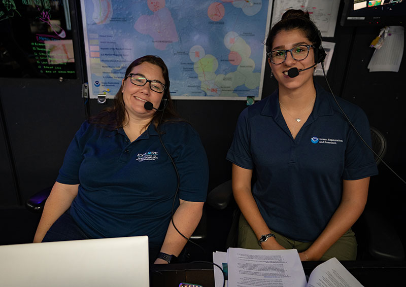 Stephanie Farrington and Kimberly Galvez smiled for the camera as they prepared for a live interaction with the Harbor Branch Oceanographic Institute (HBOI) during the 2019 Southeastern U.S. Deep-sea Exploration.