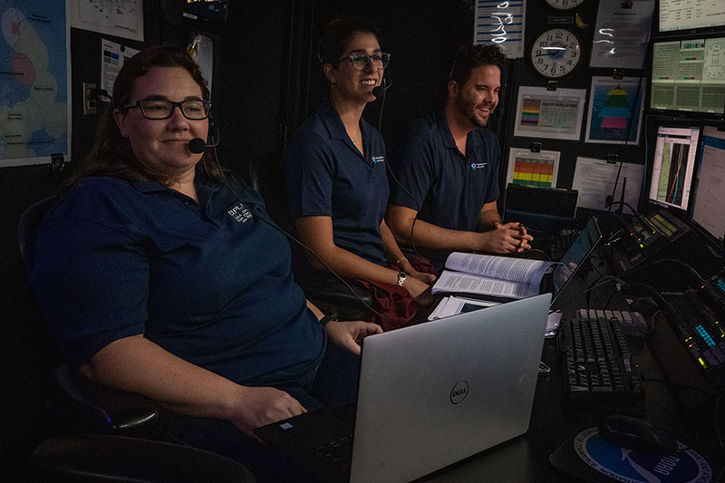 Stephanie Farrington, Kimberly Galvez, and Mike White enjoying the discussion with marine science students at the Peddie School during the 2019 Southeastern U.S. Deep-sea Exploration.