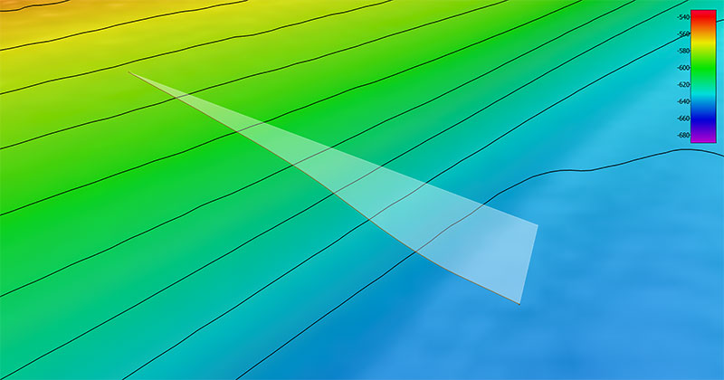 The remotely operated vehicle track for Dive 09 of the 2019 Southeastern U.S. Deep-sea Exploration, shown as an orange line with a white curtain. The Mapping Team collected this data the night before the dive. Legend shows water depth in meters.