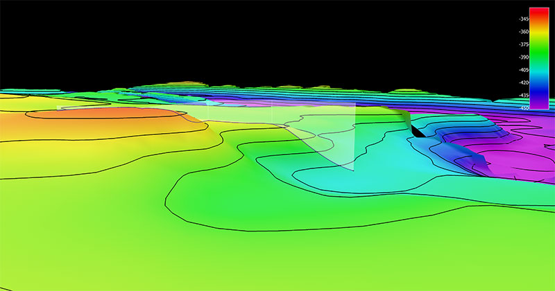 The remotely operated vehicle track for Dive 10 of the 2019 Southeastern U.S. Deep-sea Exploration, shown as a blue line with a white curtain. Legend shows water depth in meters.