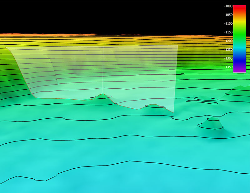 The remotely operated vehicle track for Dive 11 of the 2019 Southeastern U.S. Deep-sea Exploration, shown as an orange line with a white curtain. This mapping data was collected during the 2019 NOAA Ship Okeanos Explorer shakedown expedition. Legend shows water depth in meters.